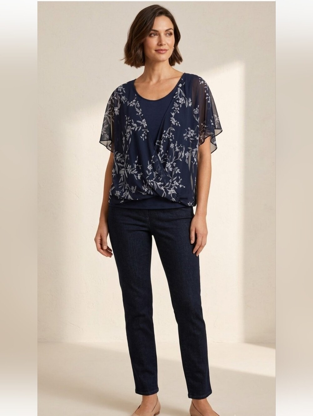 Cestyle Navy Blue Floral Chiffon Faux-Wrap Layered Blouse XL